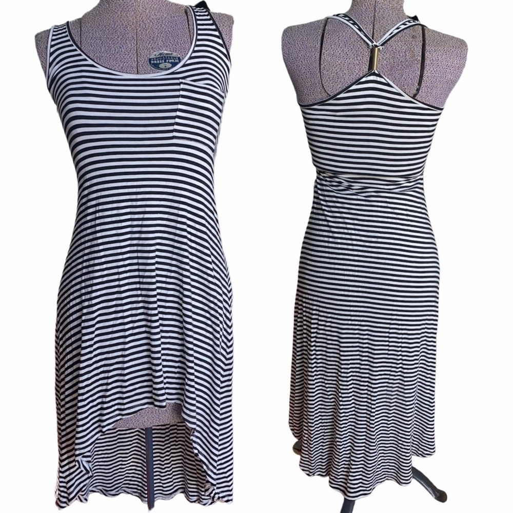 2B Bebe Striped High-Low Maxi Dress Women’s Size Small Black & White Racerback